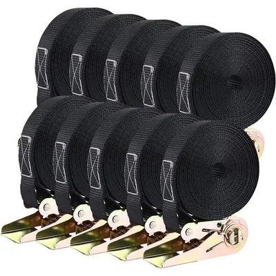 Productafbeelding van Spanningsriemen met ratel, 10 stuks, 6 meter lang, 25 mm breed, zwart, polyester, met metalen gesp