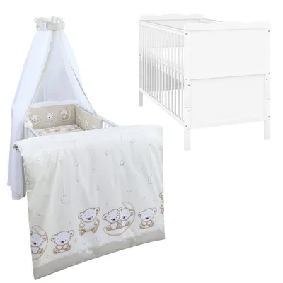 Produktbild von Baby-Delux Babybett Kinderbett Jack Umbaubar 140x70 Weiß Beißschienen Bettset Komplett mit Motiv Teddy Mond Beige