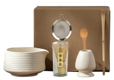 Immagine prodotto di Set da tè Matcha, 6 pezzi, beige e bianco, in Vetroceramica e bambù, con ciotola, spatola, porta-spatola e cucchiaino