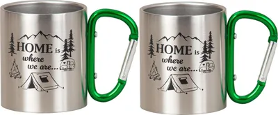 Produktbild von 2 Stück Outdoorbecher Karabiner Spruch Metall 200ml Wanderbecher Tasse Camping