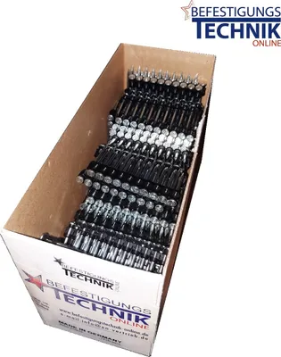 A cardboard box filled with nails for a nail gun.