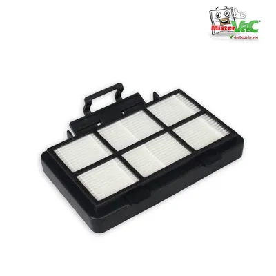 A vacuum cleaner filter on a white background with a logo in the top right corner.