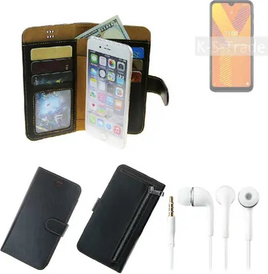 Produktbild von TOP SET Handy Hülle Schutz Hülle kompatibel mit Wiko Y62  schwarz aus Kunstleder + Kopfhörer Smartphone Tasche vollwertige Geldbörse  K-S-Trade®