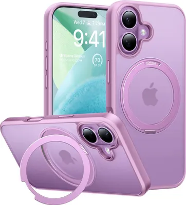 Three views of a pink/purple iPhone case with a ring stand, showing the front, back, and side.