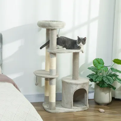 Produktbild von Kratzbaum 114 cm Katzenturm mit Höhle und Plattform für mittelgroße Katzen - Stabil, kompakt und ideal für kleine Wohnungen