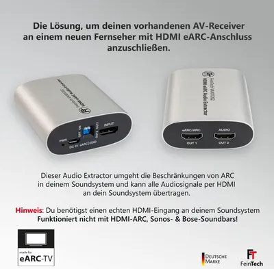 Immagine prodotto di FeinTech VAX01202 Estrattore audio HDMI eARC per televisori moderni e splitter audio HDMI 1x2 | trasmette Dolby Atmos, TrueHD e DTS-HD al ricevitore AV senza