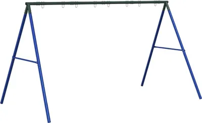A metal swing set frame with blue legs and a dark green top bar, set against a white background.