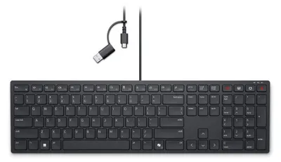 A black Dell keyboard with a USB and USB-C cable is shown against a white background.