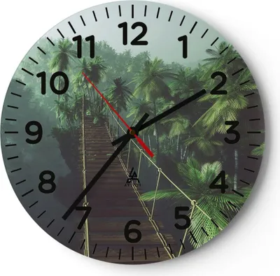 Produktbild von Wanduhr - Rund - Glasuhr - Dschungel Palme Brücke - 40x40cm - Schleichendes Uhrwerk - Lautlos - zum Aufhängen bereit - Dekoration Modern - Wanddekoration aus Glas - C4AR40x40-3674