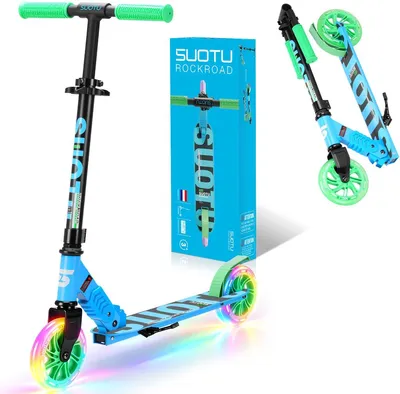 Zdjęcie produktu dla Suotu roller dziecięcy Kinderroller, niebiesko-zielony – bezpieczny i składany, przeznaczony dla dzieci w wieku 3–9 lat. Koła LED