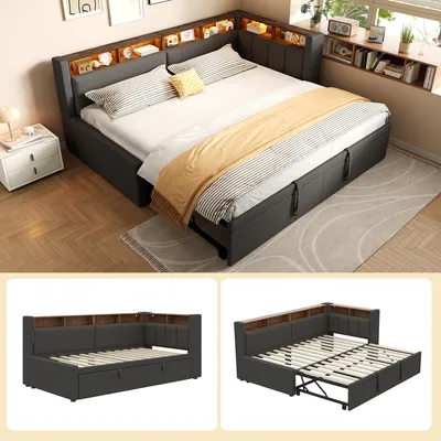 Image de Lit de jour/Divan-lit 90x200/180x200, lit convertible, éclairage LED, espace de rangement ouvert, canapé-lit, tissu en lin, sans matelas.