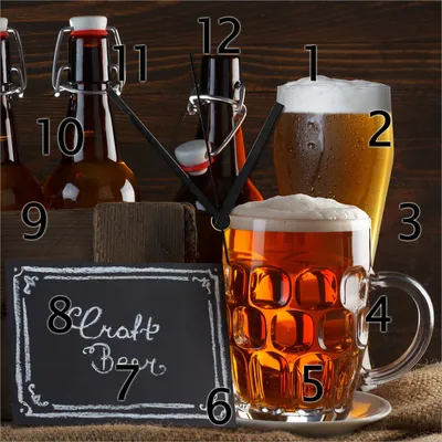 Produktbild von Wallario Design Wanduhr Biervarianten - Pils im Glas  Flaschenbier  Schild Craft Beer aus Echtglas, Größe 30 x 30 cm