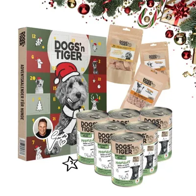 Produktbild von Dogs’n Tiger Guido Maria Kretschmer Adventskalender Hunde Box | Schlemmermenü | Huhn & Ente | Premium Mahlzeiten & Snacks | Adventskalender Hund