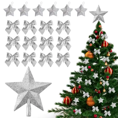 19-teiliges Weihnachtsbaum-Set: Stern, Schleifen, Silber, Glitzer