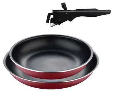 Produktbild von Bergner Click&Cook Red Edition Pfannenset 3-teilig 22 und 26 cm + abnehmbarer Ergonomischer Griff Gepresstes und antihaftbeschichtetes Aluminium für alle Herdarten und Backöfen