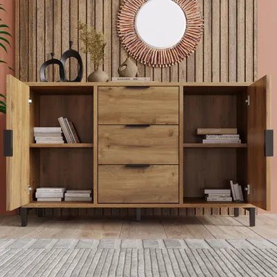 Produktbild von okwish Kommode 120 x 40 x 76 cm, Aufbewahrungsschrank, Sideboard mit 6 Schubladen, dekorativer Schrank für Schlafzimmer und alle Wohnzimmer, dunkle Eiche