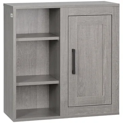 Produktbild von kleankin Badezimmerschrank Wandschrank mit 1 Schrank und 3 Regalen Mehrzweckschrank mit verstellbaren Regalebenen Aufbewahrungsschrank Badschrank Spanplatte Grau 48 x 20 x 50 cm
