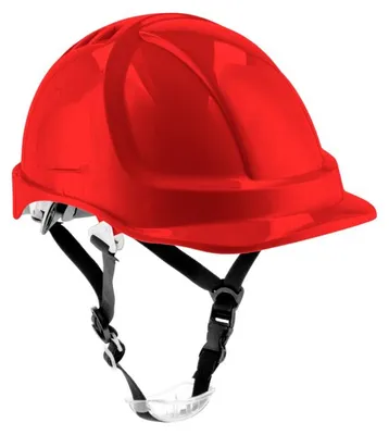 Produktbild von Schutzhelm rot ABS, EN 397, Drehknopf, 6-Punkt-Gurtband, belüftet, UV-beständig – Bauhelm PLONER, Högert Technik