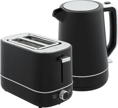 Produktbild von Fortuna Lai Wasserkocher Toaster Set 2200 W 1,7L Wasserkocher, 2 Scheiben Toaster, 6 Bräunungsstufen, Aufwärmen und Auftauen, Frühstück-Set mit Kalkfilter & Krümelfach Schwarz
