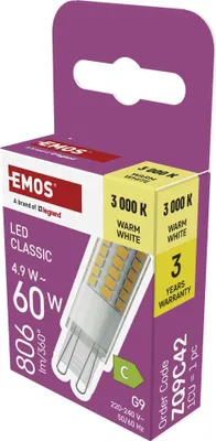 LED žárovka Classic JC / G9 / 4,9 W (60 W) / 806 lm / teplá bílá