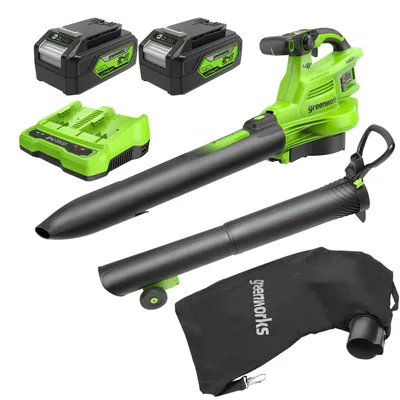 Obrázok produktu pre Akumulátorový fúkač na lístie Greenworks 48V (24V x 2) – fúkač na lístie s popruhom cez rameno, bezuhlíkový motor