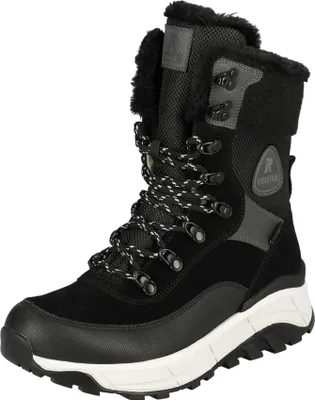 A studio shot of a black winter boot.