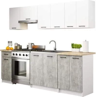 Produktbild von Küchenzeile OLIWIA 2.4m Modulares Weiß 240 cm 11 Türen 1 Schublade Front Beton B240xH203xT46 cm