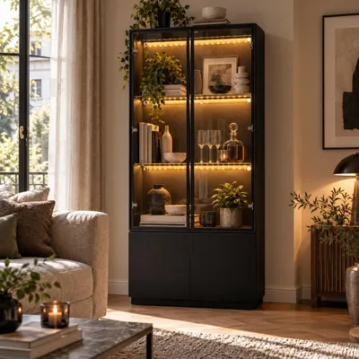 Produktbild von Vitrine Schwarz mit 2 Glastüren und 2 Türen, 80 x 40 x 170 cm, 2 Glastüren mit Aluminiumrahmen, 2 MDF-Türen, Glasböden und 3 LED-Lichtleisten mit USB