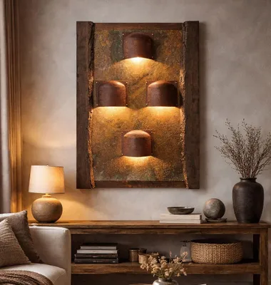Imagen del producto de Lámpara de pared CopperAndCraft, escultura de luz hecha a mano, madera maciza de roble, iluminación LED de pared, 57x79 cm, decoración de pared de diseño