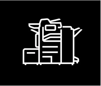 A white line drawing of a copier on a black background.