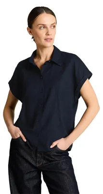 Produktbild von TOM TAILOR Damen Bluse aus Leinen-Mix, kurzärmlig, kühlend, Loose Fit mit Kentkragen