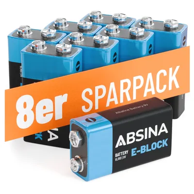 Produktbild von ABSINA 8x 9V Blockbatterie Alkaline - 9V Batterie langlebig & auslaufsicher für Rauchmelder & vieles mehr