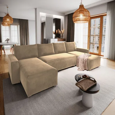 Produktbild von Masseno Ecksofa DENI mit Schlaffunktion U-Form, Sofa mit Bettkasten, Wohnzimmersofa, Couch, Soffa, Bettsofa, Couchgarnitur- Creme, MONOLITH 04