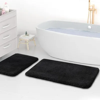 Productafbeelding van Badmatten, microvezel, extra dik (2 cm), super absorberend, 50 x 80 cm + 40 x 60 cm, zwart