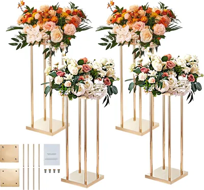 Obrázek produktu pro SucceBuy květinový stojan na svatby, 4dílný, zlaté kovové sloupky, výška 80 cm, s kovovým laminátem, geometrické vázy jako stolní dekorace, válcový stojan na květiny pro akce, recepce, party a výstavní účely