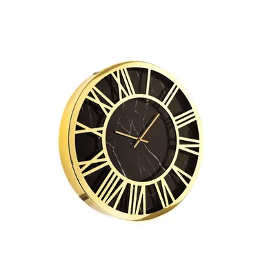 A round wall clock with a black marble pattern and gold Roman numerals, shown against a white background.
