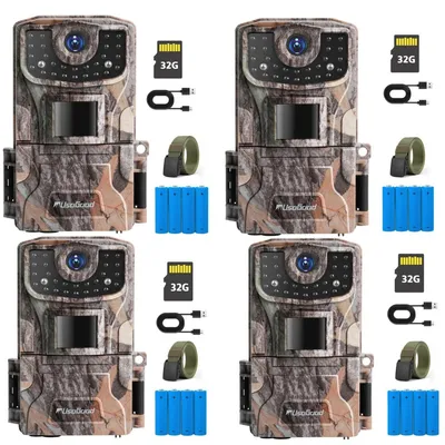 Image de Caméra de chasse Usogood 2K 36 MP avec vision nocturne, écran HD 2 pouces, étanche, avec détecteur de mouvement, caméra de surveillance des animaux, carte de 32 Go incluse, lot de 4