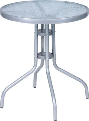 A silver outdoor bistro table with a glass top.