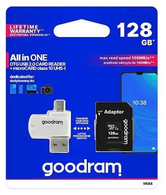 Zdjęcie produktu dla Goodram M1A4-1280R11, 128 GB, MicroSDHC, Klasa 10, UHS-I, 60 MB/s, 10 MB/s