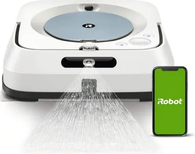A robot vacuum cleaner is shown spraying water, with a smartphone displaying the iRobot logo next to it.