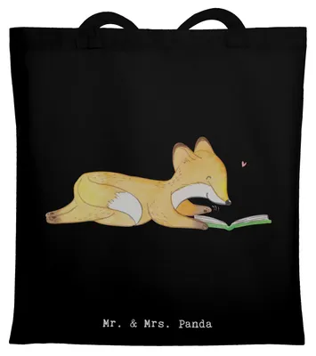 Produktbild von Mr. & Mrs. Panda Tote Bag Fuchs Lesen - Schwarz - Geschenk, Laptoptasche, Tasche, Shopping, Bücher, Bücherwurm, einkaufsshopper, Einkaufstasche