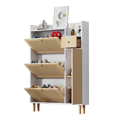 Produktbild von Holzwerkstoff Schuhschrank aus Rattan(Weiss)geeignet für enge Eingänge – 3 Kipp-Türen und 1 Schublade – mit Massivholzbeinen und Griffen