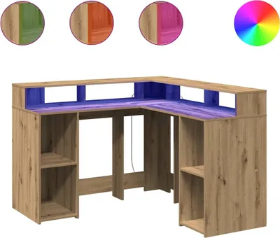 A corner desk with LED lighting.