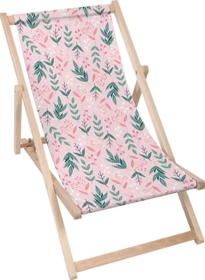 A folding deck chair with a floral pattern on a white background.