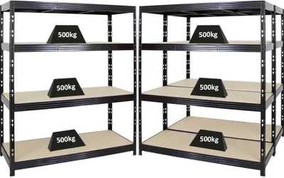 Produktbild von Mega Deal | 3x Profi Schwerlastregal Rhino | HxBxT 180x160x60cm | 4 Spanplatten-Ebenen 8mm | Fachlast 500kg | Schwarz