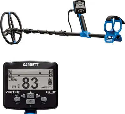 A metal detector and its control panel are displayed against a white background.