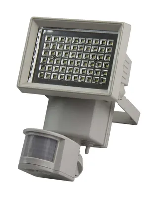 A close-up studio shot of a solar-powered LED wall light with a motion sensor.