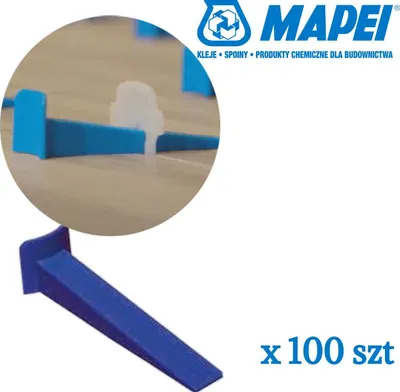 A close-up view of tile leveling wedges and a single wedge shown separately, with brand logo and quantity information.