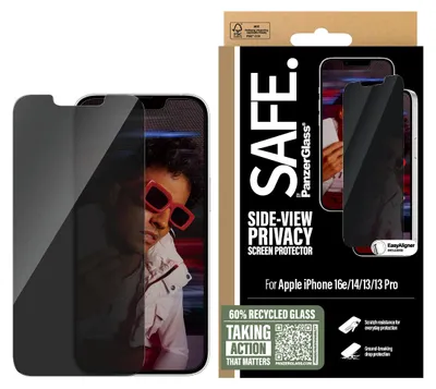 Obrázok produktu pre PanzerGlass SAFE. by ® 2-Way Privacy Screen Protector iPhone 17e | 16e | 14 | 13 | 13 Pro | Ultra-Wide Fit w. EasyAligner, Apple, Apple - iPhone 13, Apple - iPhone 13 Pro, Apple - iPhone 14, Apple - iPhone 16e, Suché aplikovanie, Odolné proti poškriabaniu, Odolný proti nárazom, Priehľadná, 1 kusov