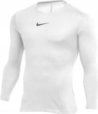 A white long-sleeved Nike shirt is shown against a white background.